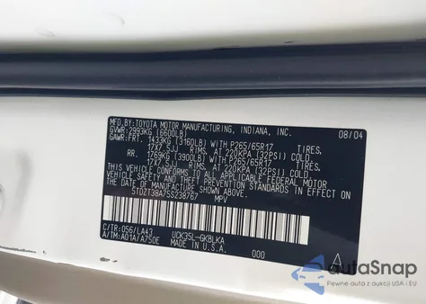 2005 Toyota Sequoia Limited V8 z USA, uszkodzony, nr VIN 5TDZT38A75S238767